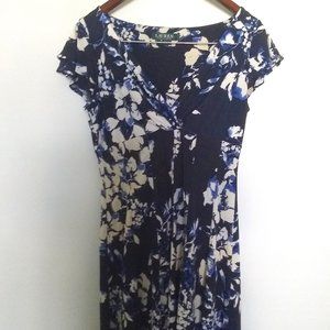 Lauren Ralph Lauren Flutter Cap Sleeves V-Neck Blue Floral Knee-Length 10P Dress